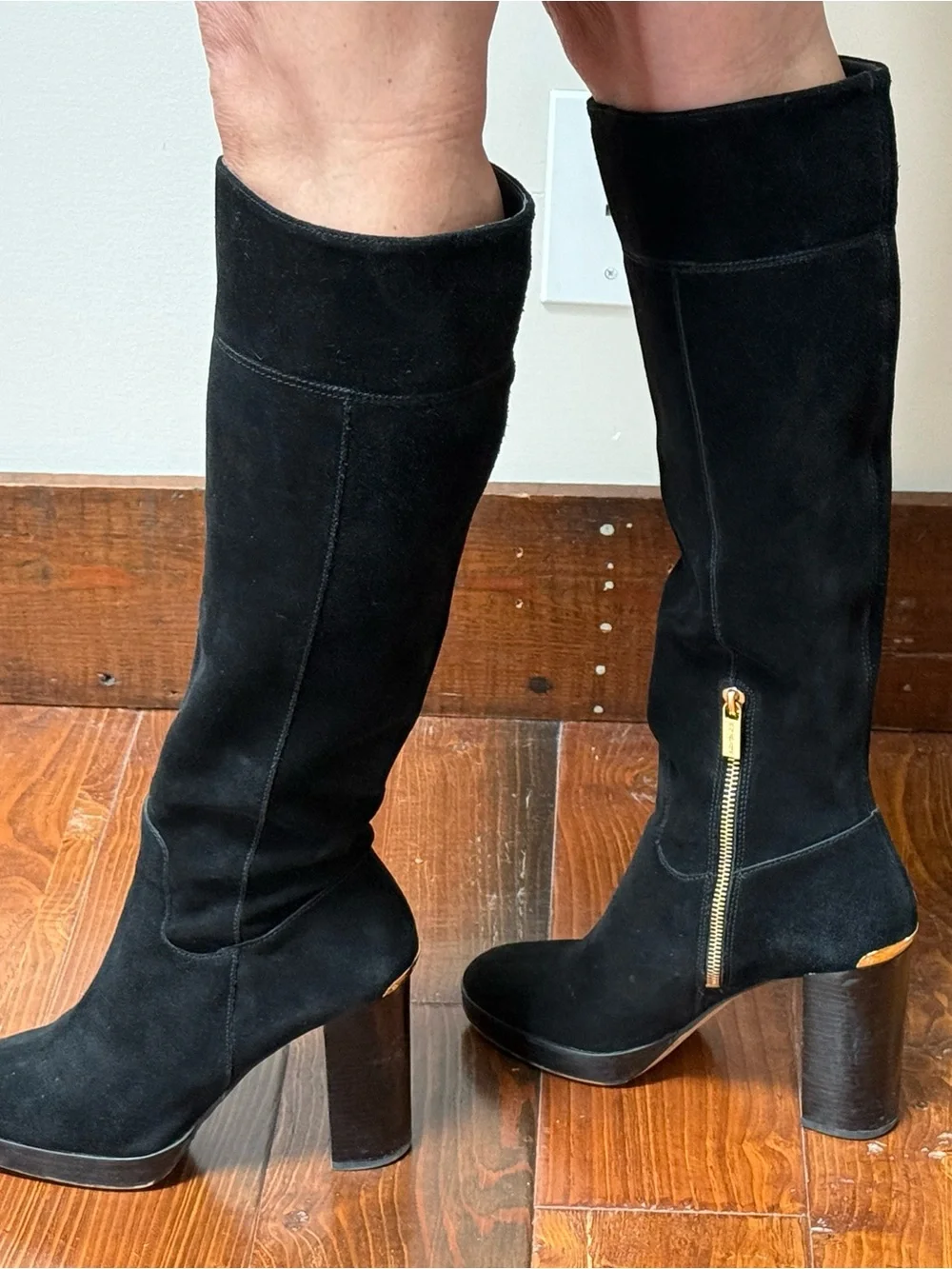Michael Kors Black Suede Knee-High Platform Boots with Gold Zip Accent